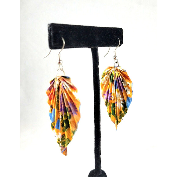 Hand Folded Origami Leaf Earrings Orange Multicolor - Picture 2 of 6